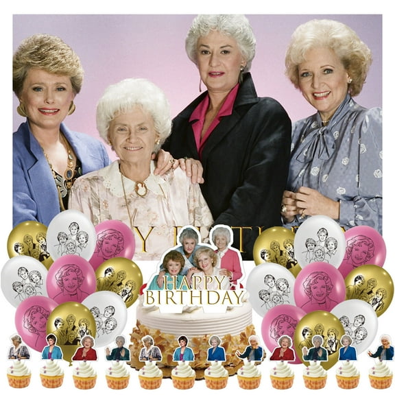 32 Pcs For Golden Girls Theme Birthday Party Decorations,With 5*3ft Birthday Backdrop Decorations,18 Balloons,13 Cupcake Toppers,All-in-One Party Supply Set