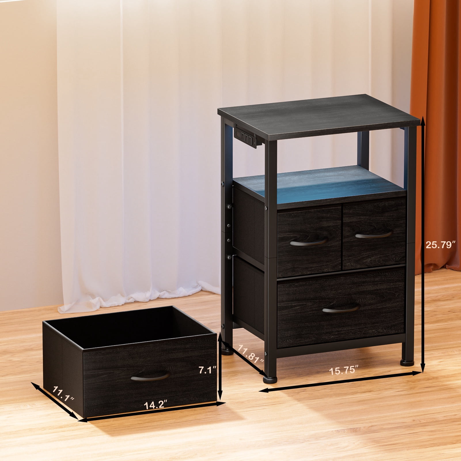 Satifur Nightstand with Charging Station and LED Lights,  Chest of 3 Fabric Drawers, Black