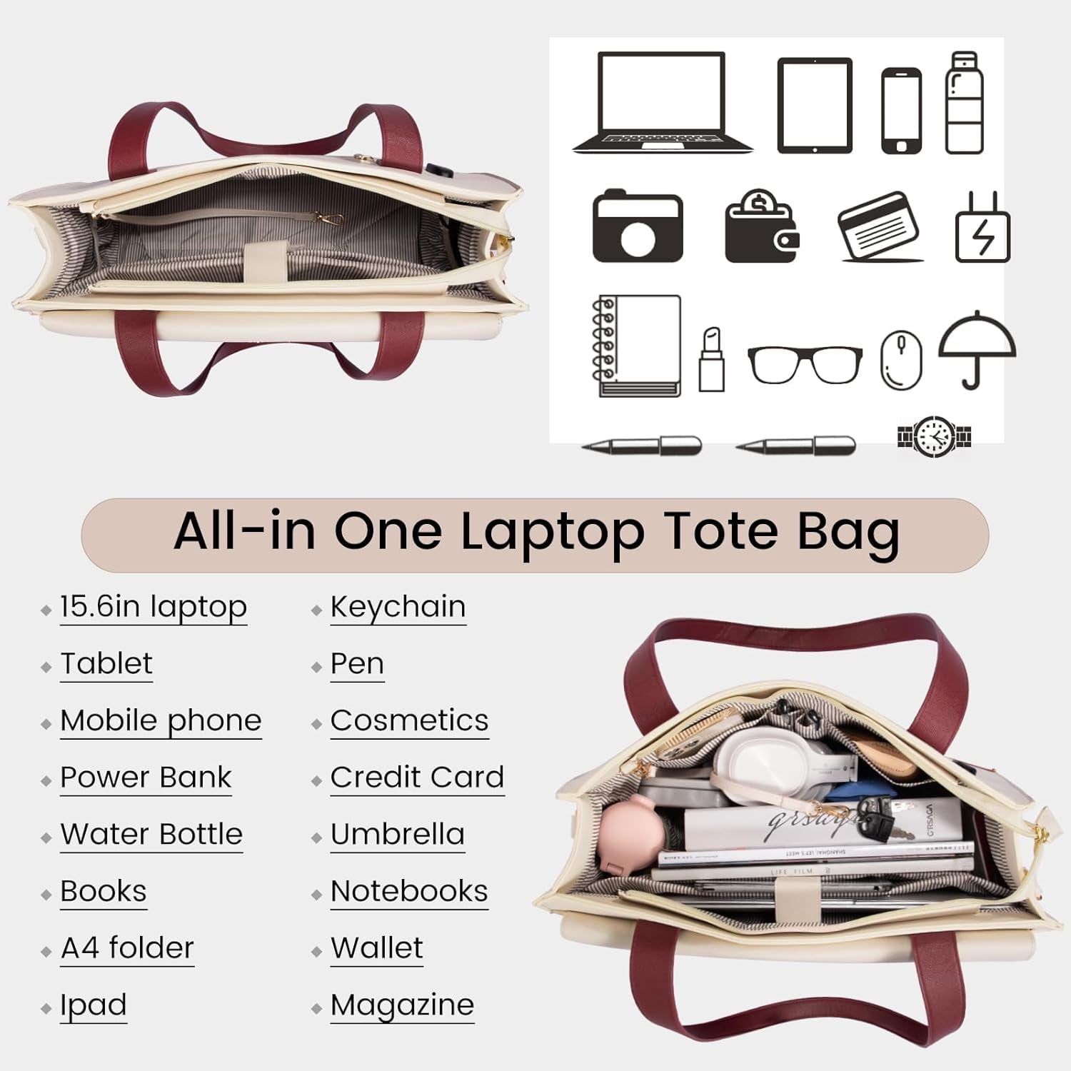 Laptop Tote Bag for Women 15.6 Inch Professional Leather Briefcase with  Waterproof Business Shoulder Bag