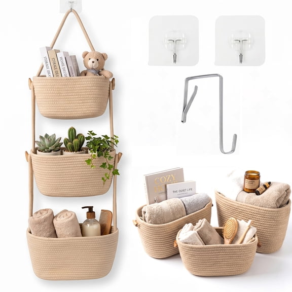 MQHOOB 3-Tier Hanging Wall Basket, over-the-Door Organizer with 3 Hooks, Woven Storage Basket for Home, Nursery, Bedroom, Kitchen