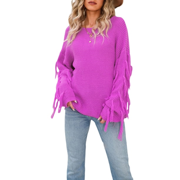 VISgogo Suéter de talla grande para mujer, suéter de punto con flecos de cuello redondo de manga larga de color sólido informal VISgogo moda
