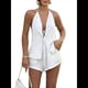 thumbnail image 2 of Conjunto de 2 Piezas de Top Holgado de Verano para Mujer, Sexy, con Espalda Descubierta, Cuello Halter y Lazo Frontal, y Pantalones Cortos de Cintura Alta. Crema L, 2 of 10