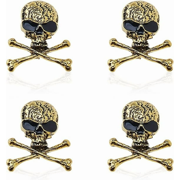 4 broches y prendedores góticos plateados y dorados con forma de calavera y tibias cruzadas, estilo punk, de aleación. Ideales para decorar abrigos, chaquetas y otros atuendos de hombre y mujer.