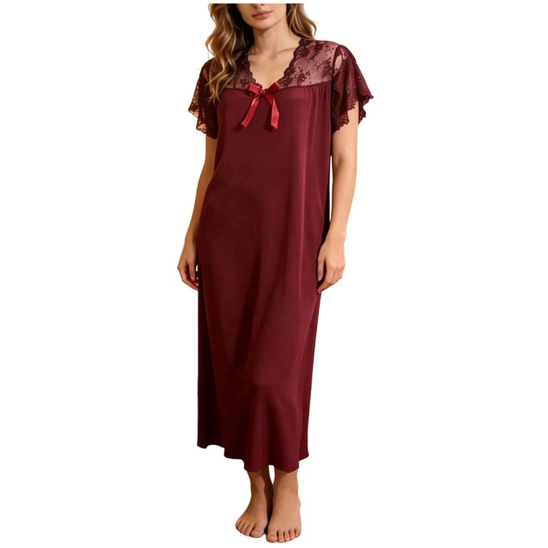 bridesmaid sleep dress WMTBSRSW Women's Lace Trim Nightgown Ruffle Short Sleeve Dresses Soft Crewneck Night Gown Pajamas Free Size Red Bridesmaid sleep shirts length:Long Navy Sequin Long Mismatched Color:Custom_Colors