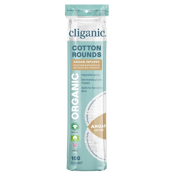 Cliganic Organic Argan Oil Infused Cotton Rounds, 100 Count