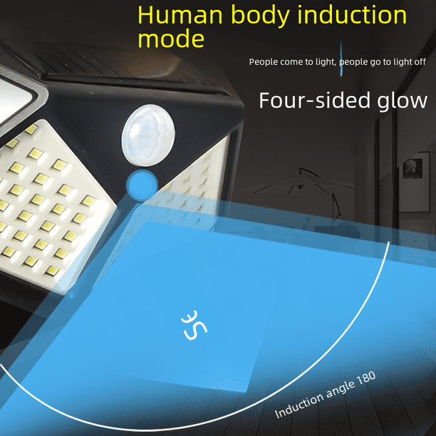 Lámpara de pared para exterior recargable con energía solar, lámpara de jardín, 100 LED, lámpara de inducción de cuerpo humano luminosa de cuatro lados, lámpara de calle, lámpara de jardín