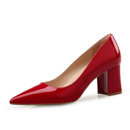

YCNYCHCHY 2022 New Split Leather Red Pointed Toe Thick High Heels Elegant Square Heeled Leopard Pumps Women Work Office Women Shoes