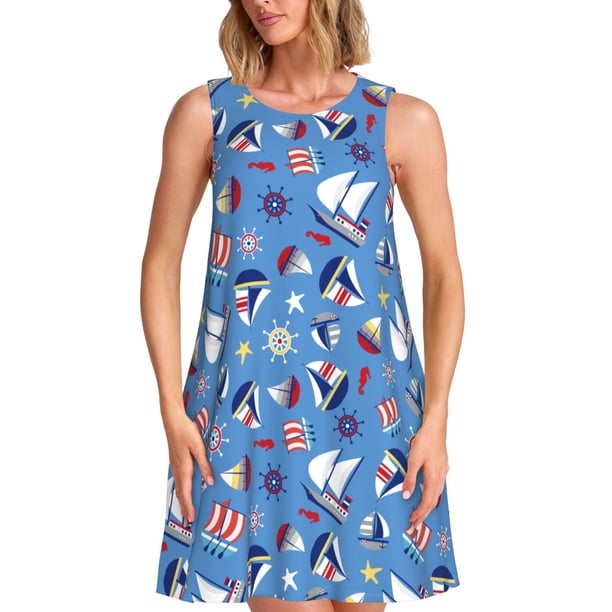 Fotbe Colorful Sailing Ship Vestido de Verano sin Mangas para Mujer – Vestido Midi Línea A, Estilo Camiseta Floral, Vestido Playero Casual y Fluido