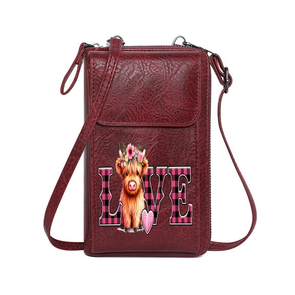 OIDERY RFID Blocking Zipper Phone Wallet Crossbody Bags for Women Love theme Floral crown Highland cow Suitable for Daily Gifting Classic Outfit
