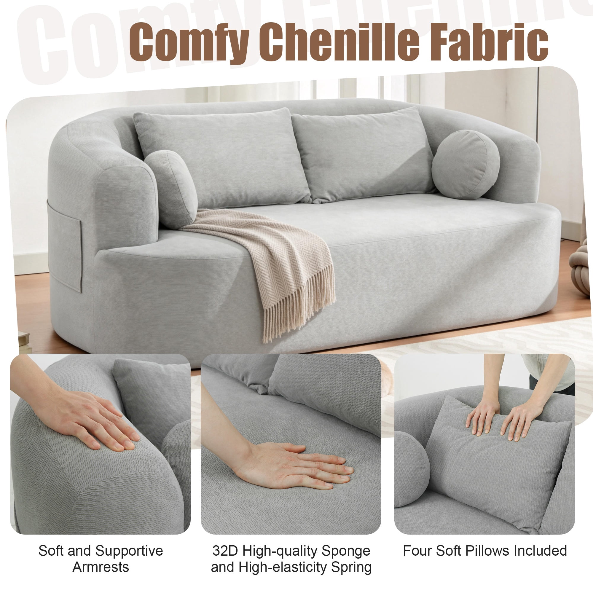 Loveseat Sofa-in-a-Box, 67" Chenille 2-Seater Couch with Deep Seats, 32D High-Resilience Foam, No Assembly Required, for Living Room, Small Space, Gray