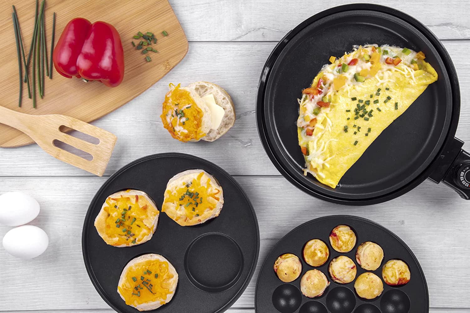 Cucinapro Multi Baker Deluxe- Baking Made Easy- Electric Appliance w Temp Control, 3 Interchangeable Skillets for Grilling, Baking or Dessert - Grilled Cheese, Omelets Pizza, Sandwiches, Cake Pops