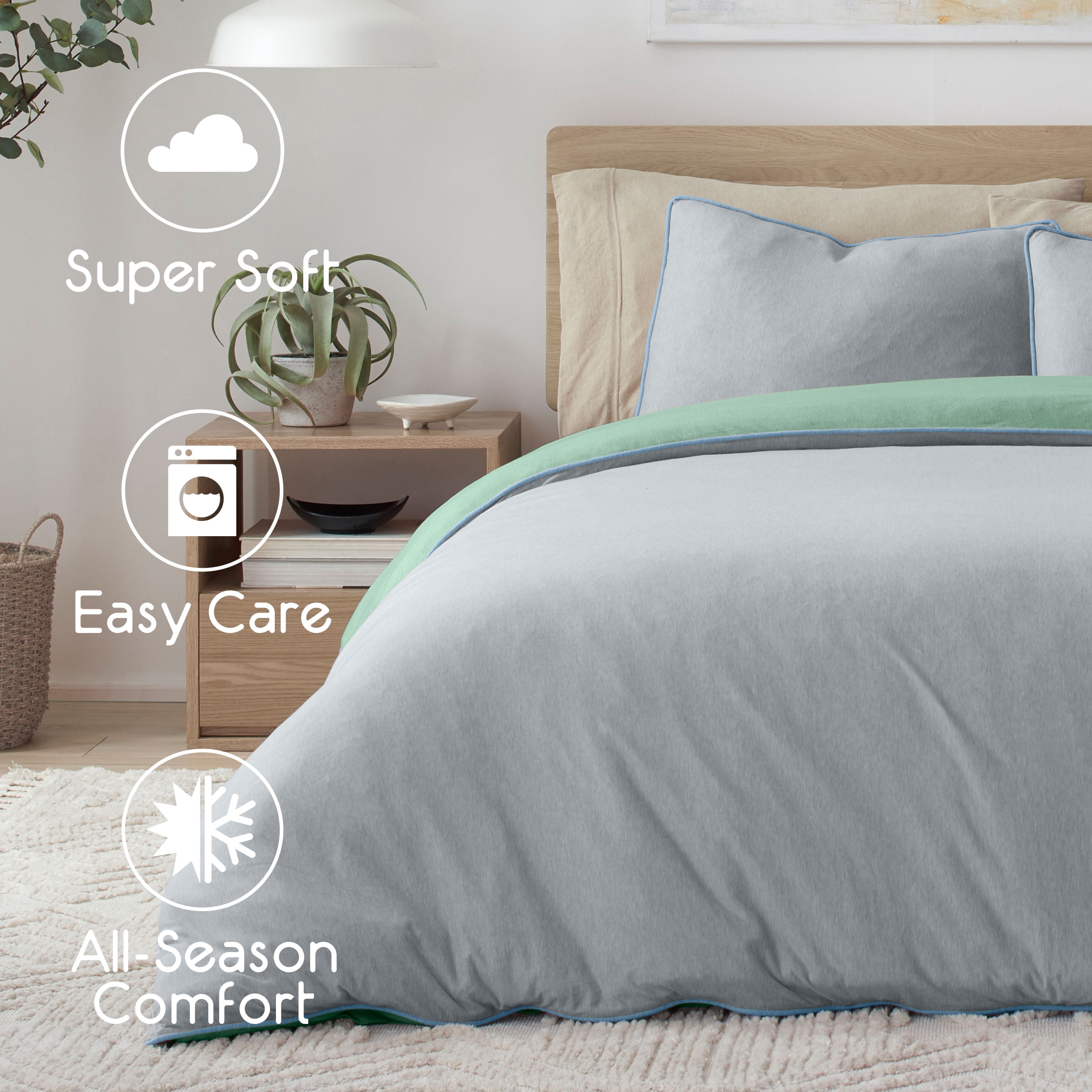 Vellux Jersey Knit 3-Piece Comforter Set, Cotton Blend, Queen, Sage/Gray