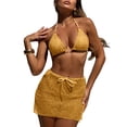 thumbnail image 5 of GEWSEY Women's 3 Piece Swimsuits Halter Triangle Crochet Bikini Sets with Cover Up Skirt (Gold, M), 5 of 9