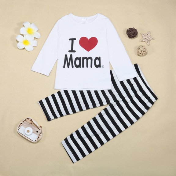 BOOMNY Girls 2 Peice Pajamas Sets I Love My Mom Graphic Long Sleeve Sleepwear Tops Pants Pjs Set for Kids Cozy Loungewear Homewear