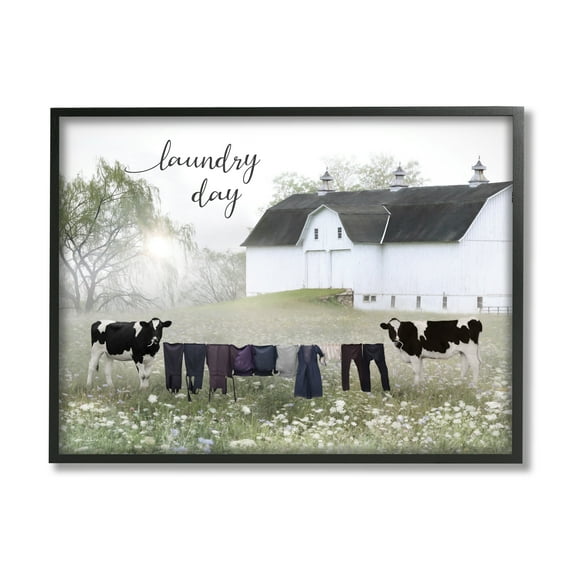 Stupell Laundry Day Rural Cows Meadow Nature Painting Black Framed Art Print Wall Art
