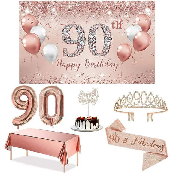 90th Birthday Decorations Party Set for Women, Rose Gold 90 Birthday Banner and Tablecloth, 90 & Fabulous Sash and Tiara, 1PC Happy 90th Birthday Cake Topper, Pink Gold 90 Number Balloons