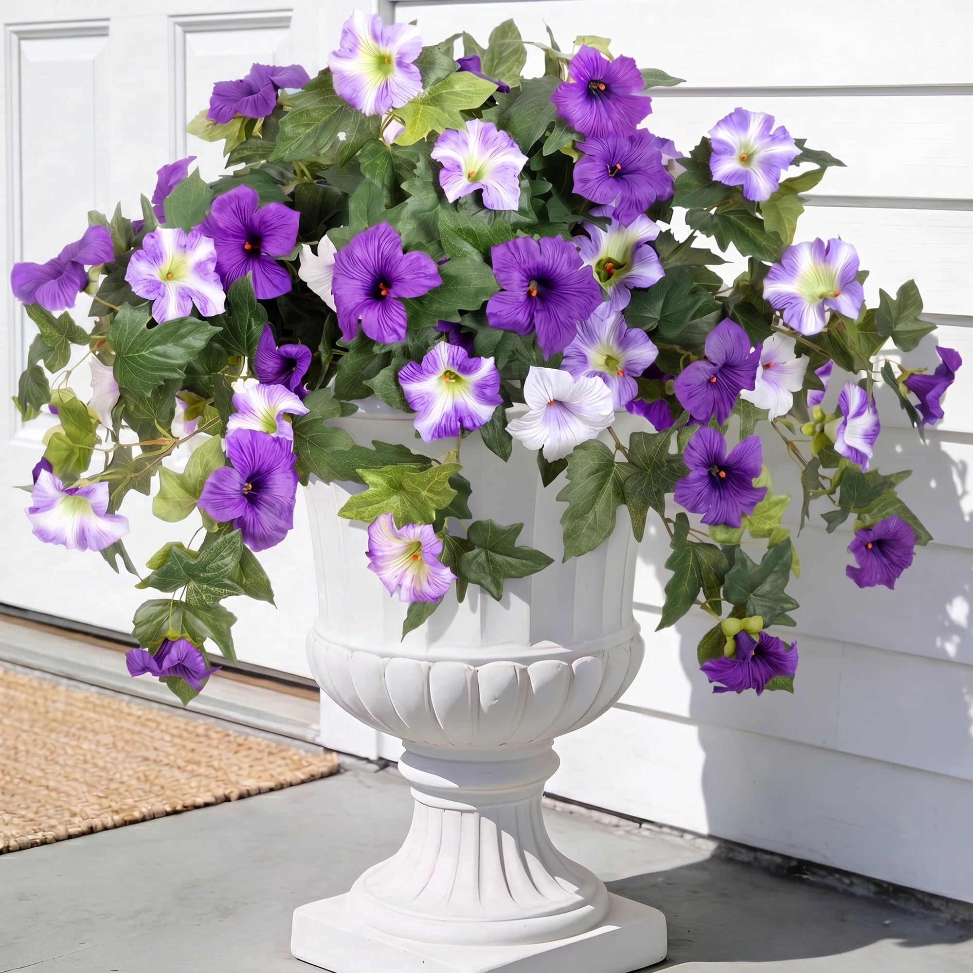 TETOU 2Pcs Artificial Fake Flowers , Faux Petunias Silk Flower UV Resistant No Fade for Spring Home Garden Balcony Yard Porch Indoor Outdoor Decoration(Purple White)