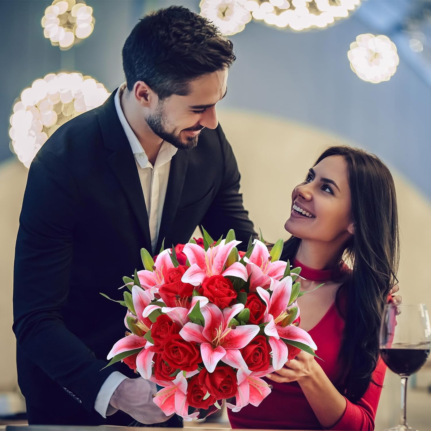 PINSAI Artificial Flowers Velvet Realistic Red Roses and Latex Lilies Flowers Bouquet Decorations Flower Arrangements for Mother's Day Wedding Party Bouquet Table