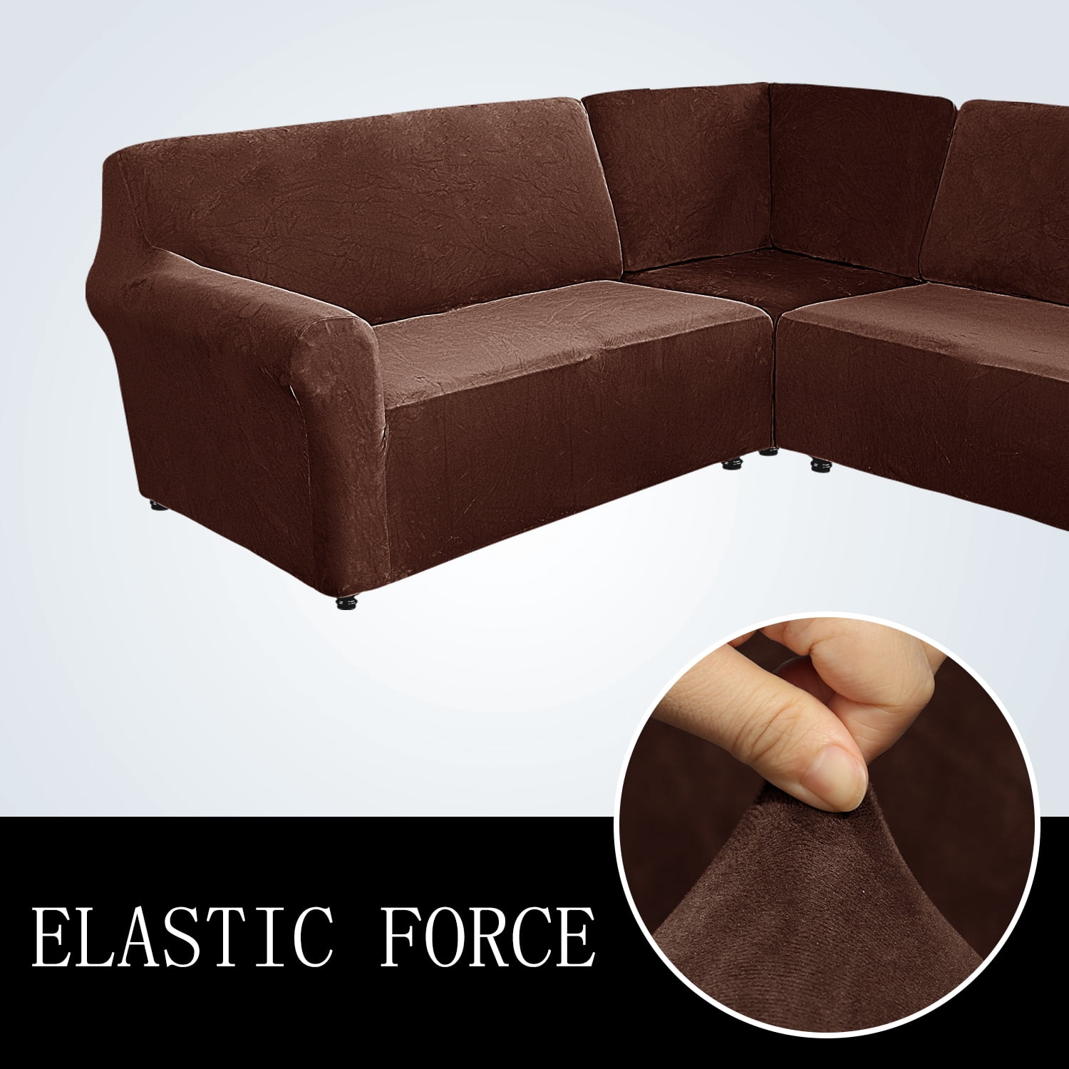 Eurhowing 5-Seater L-Shaped Sofa Cover, Stretch Velvet Soft Couch Slipcover for Sectional Corner Sofa, Non-Slip Furniture Protector, Coffee