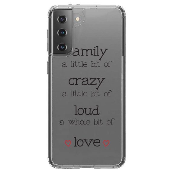 DistinctInk Clear Shockproof Hybrid Case for Galaxy S21 5G (6.2" Screen) - TPU Bumper Acrylic Back Tempered Glass Screen Protector - Family Crazy Loud Love Hearts