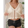 thumbnail image 4 of Womens Hollowout Crop Summer Solid Color Long Sleeves Lace Up Beach Casual Cover Up Shawl Blouse Top  One Size, 4 of 6
