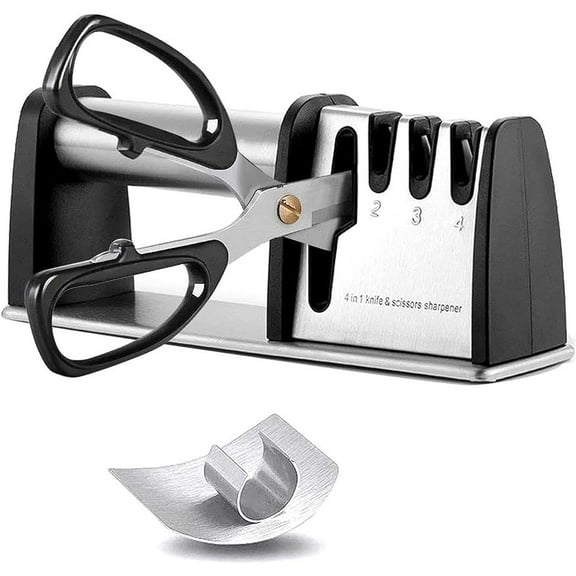 Knife Sharpeners, Best 4 in 1 Manual Kitchen Knives & Scissor - Stage Sharpening System with Diamond Steel, Ceramic Stone, Ergonomic Design, Non-slip Base（Black）