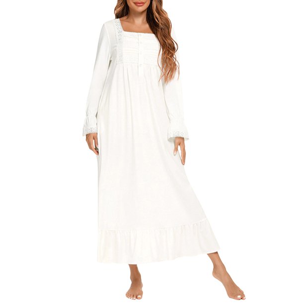 WILLBEST Vestidos de Lino para Mujer Nightowns - Pijama de Manga Larga con Botones para Mujer, Vestido de Pijama Largo y Suave con Bolsillos, Tallas S A 2Xl Grande