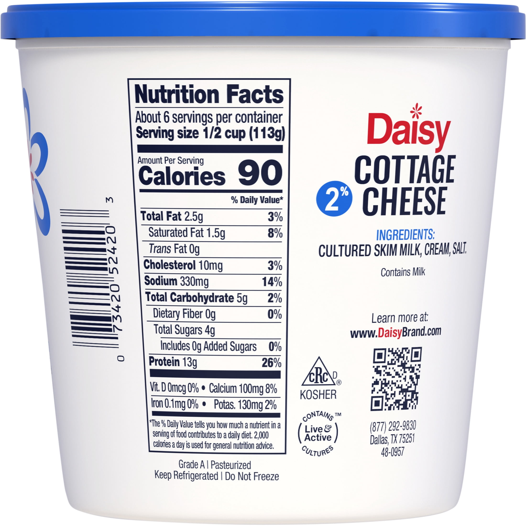 Daisy Pure and Natural Low Fat Cottage Cheese, 2% Milkfat, 24 oz (1.5 lb) Tub (Refrigerated) – 13g of Protein per Serving