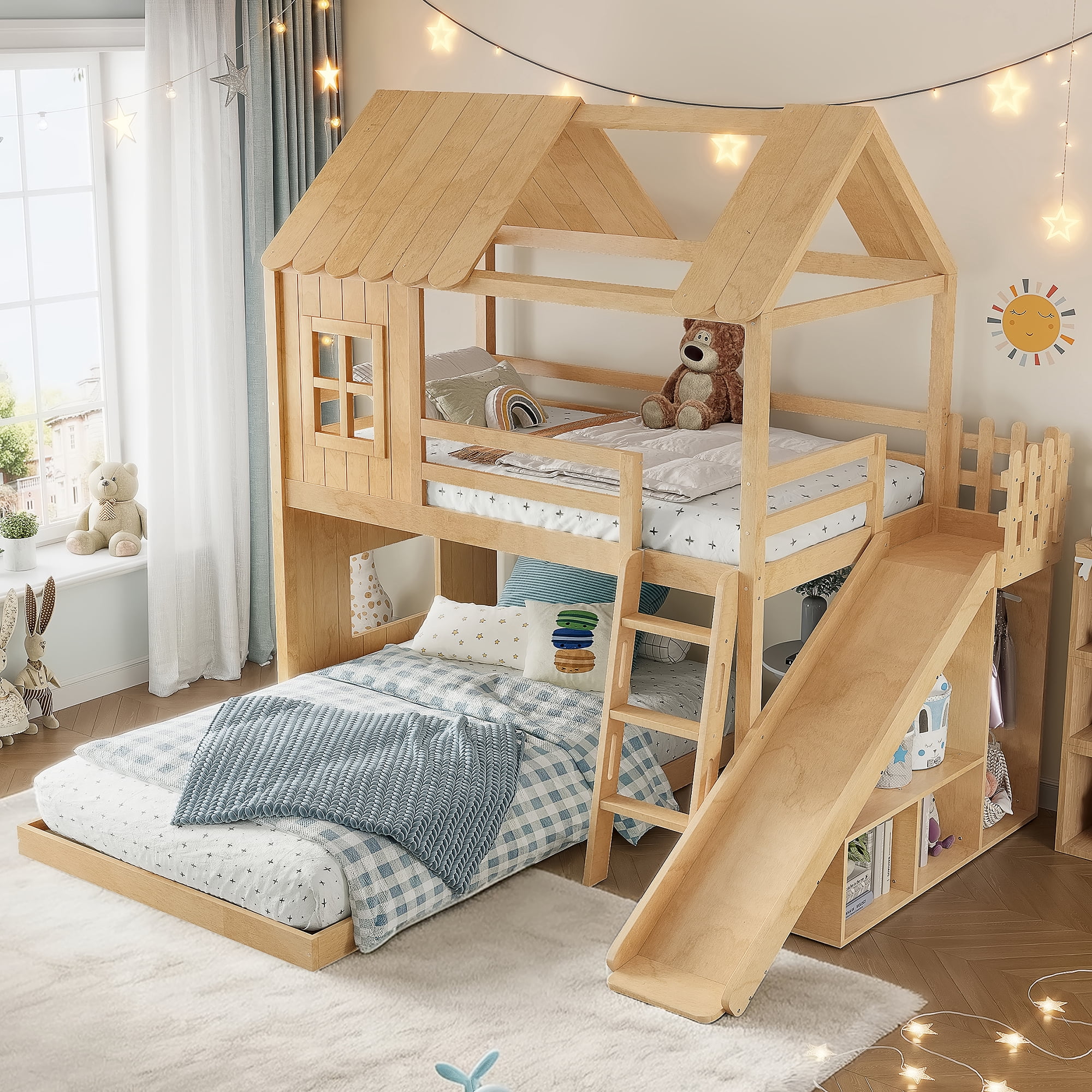 Leumius Twin over Full House Bunk Bed with Ladders and Slides, House Floor Bunk Bed Frame with Storage Shelves and Wardrobe, Playhouse Design for Boys Girls Natural