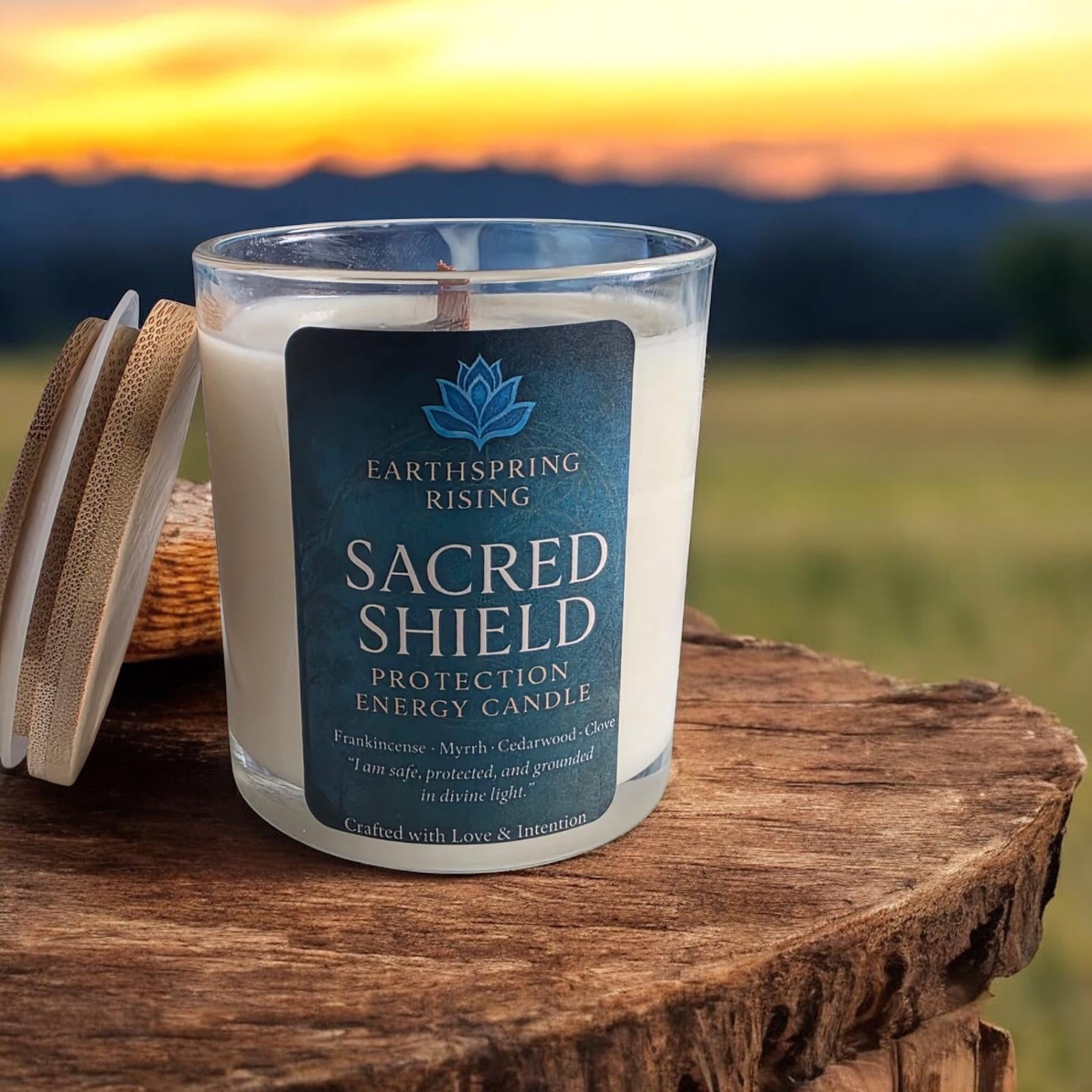 Sacred Shield Candle – Frankincense, Myrrh, Cedarwood & Clove | 10oz Soy Wax Wood Wick Candle with Wood Lid | 50-Hour Burn | Energy Protection & Grounding