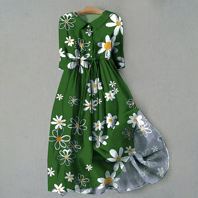 Fartey Robes d'Été pour Femmes Mode Imprimé Floral Coton Lin Robe Midi Été Décontractée Manches 3/4 Taille à Cordon Robe Décontractée Fluide Col à Revers Légère Vacances Robes d'Été