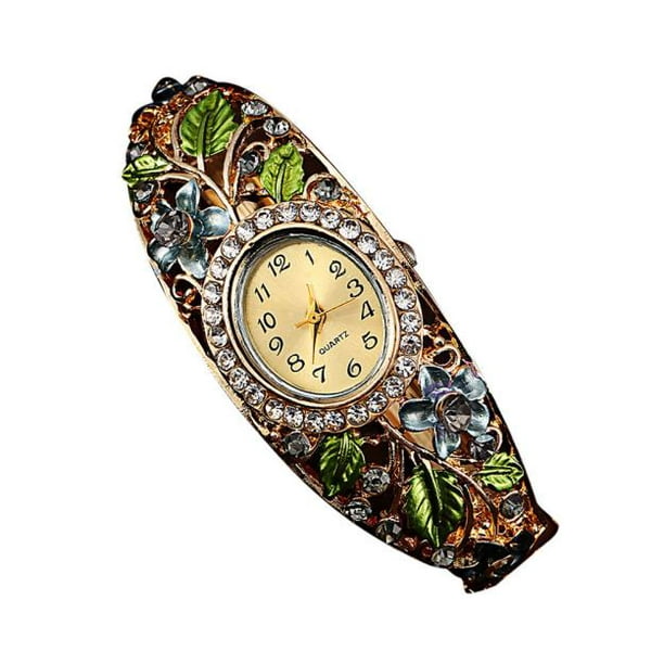 Toteaglile Women Bangle Crystal Flower Bracelet Quartz Watch Wristwatch ...