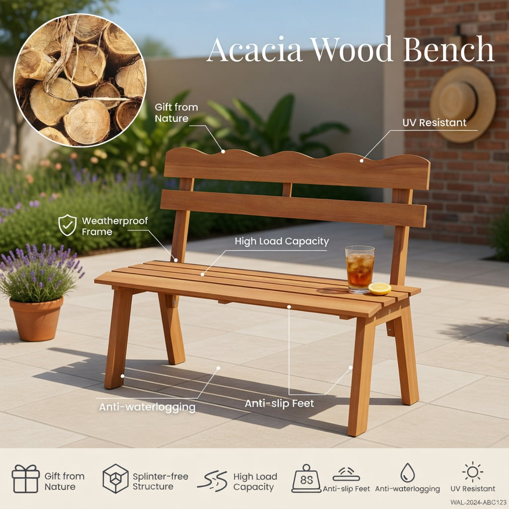 Hommoo Sturdy Outdoor Acacia Wood Garden Bench, Ergonomic Waved Backrest, Adjustable Feet, Pre-Assembled for Patio, Porch & Backyard, Natural
