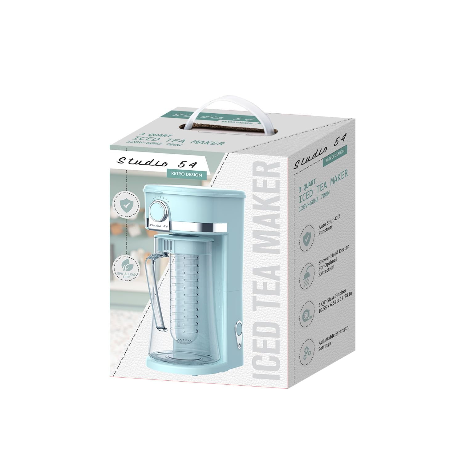 Studio 54 Retro Iced Tea Maker with Infuser, 3QT Glass Pitcher Electric Tea and Coffee Brewer, Adjustable Strength Cold Brew Maker for Iced Coffee, Iced Lattes, Sweet Tea & Fruit Infusions