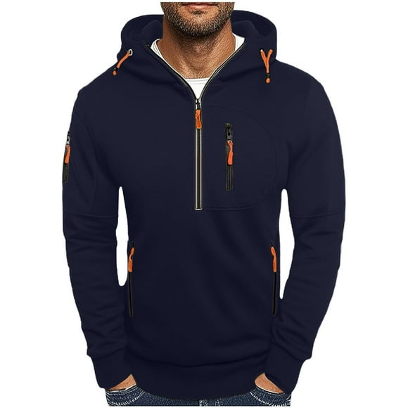 LUOGENLI Men Hoodies Graphic Xl Men's Quarter Zip Hoodie with Multiple Pockets Lightweight Comfortable Pullover Sweatshirt for Casual Outdoor Wear Hoodies for Men Carhartt Dark Blue Navy Size S