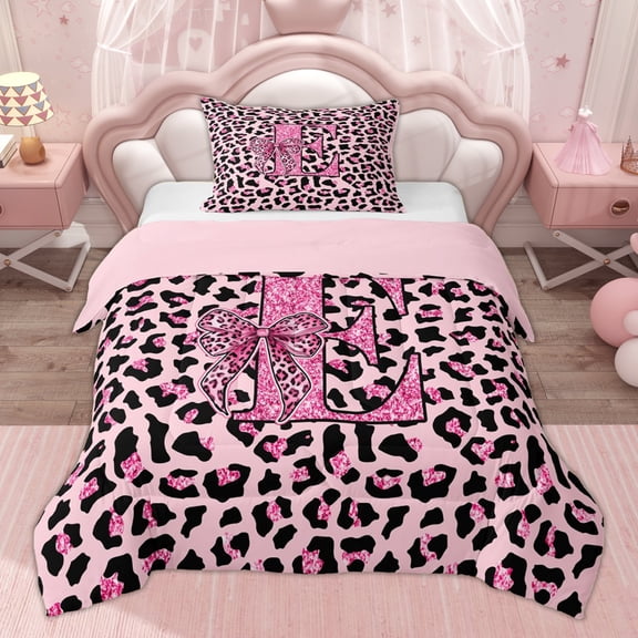 Erosebridal Cheetah Print E Letter Kid Twin Comforter Sets, Princess Pink Bow Bedding Set, 2-Piece