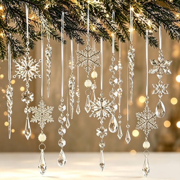 32 PCS Crystal Christmas Tree Ornaments, Acrylic Snowflake Icicle Drop Pendants for Xmas Tree Winter Holiday Decor, Clear Hanging Decorations for Home Party