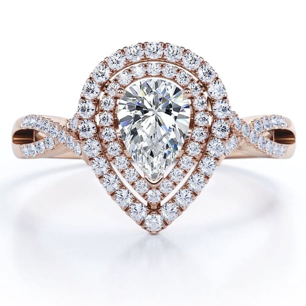 JeenMata Anillo de Compromiso de Estilo Cruzado con Halo Doble en Forma de Almendra de 1,5 Quilates en Baño de Oro Rosa de 18 K sobre Plata