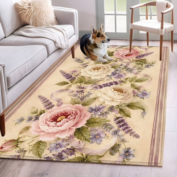 Vintage Pink Flowers Area Rug 4'x6', Elegant Pastoral Retro Art Washable Non-Slip Rugs, Low Pile Large Carpet for Living Room Bedroom Dining Room Kitchen Office Indoor Mat