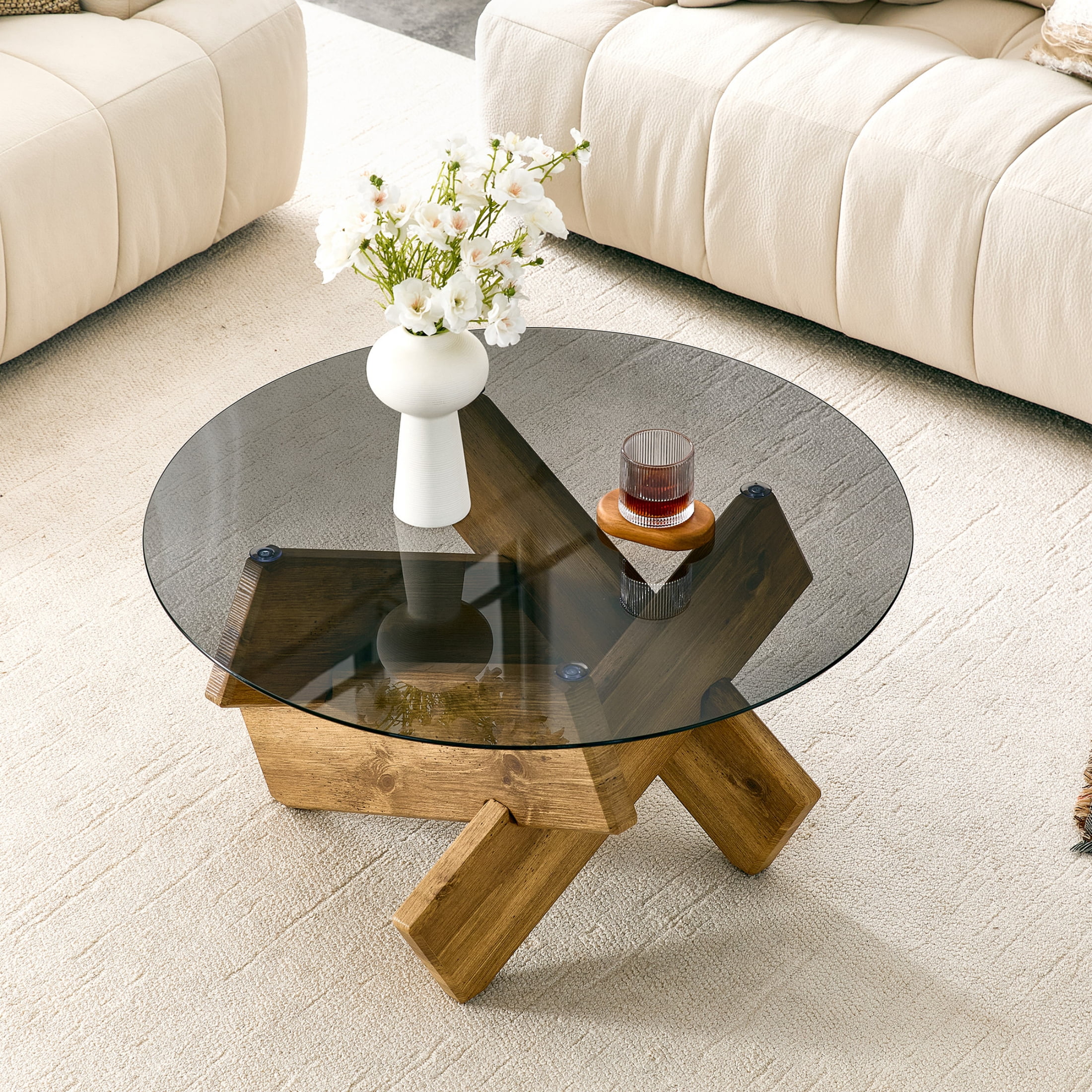 Vinform Round Coffee Table for Living Room, Gray Glass, Natural Wood