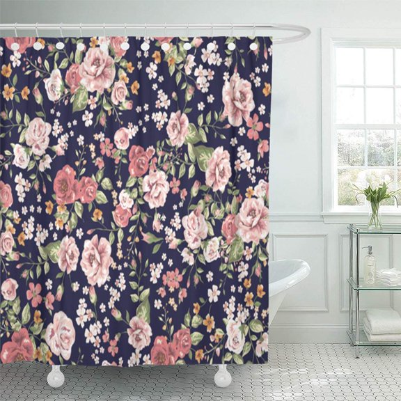 PKNMT Blue Flower Vintage Floral Pattern Pink Dress Garden Dark Elegant Feminine Leaves Bathroom Shower Curtain 66x72 inch