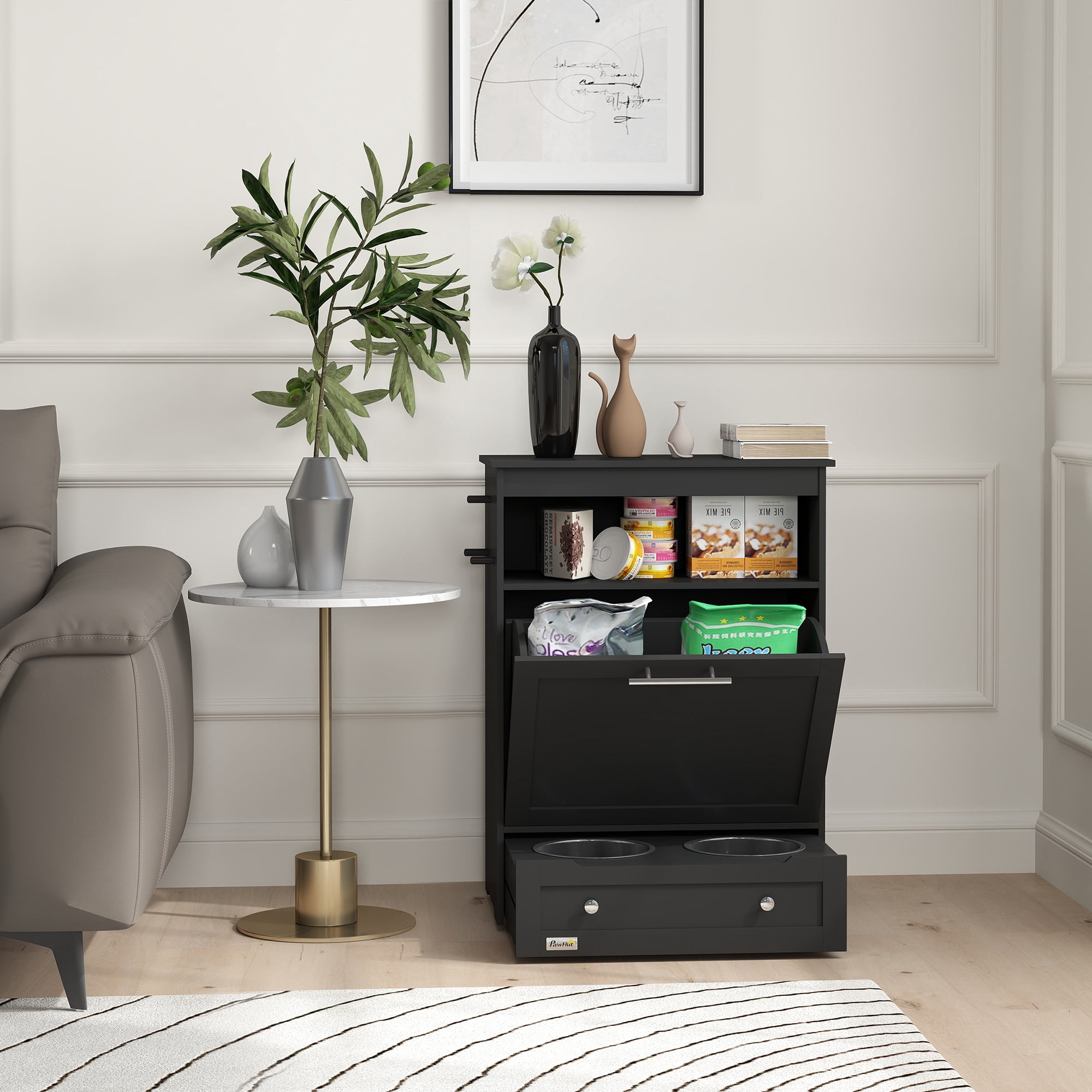 PawHut Pet Feeder Station Storage Cabinet, Storage Container, Black
