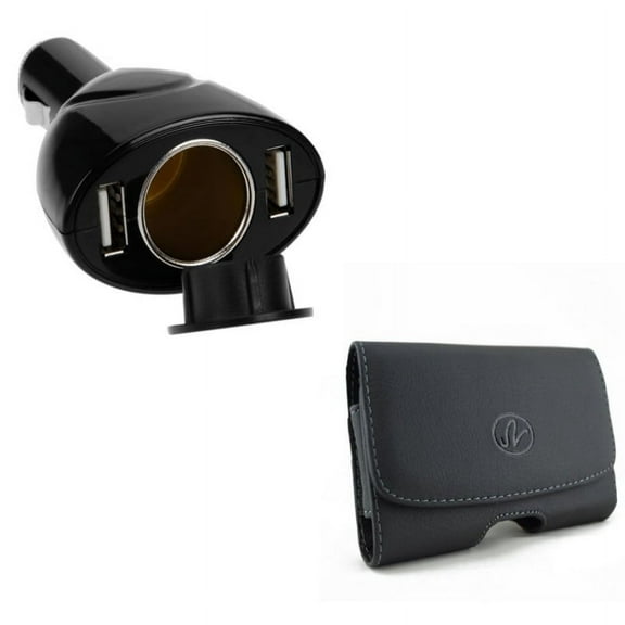 Black Leather Phone Case w Car Charger Socket Plug Splitter Power Adapter R8P Compatible With Google Pixel 3a XL