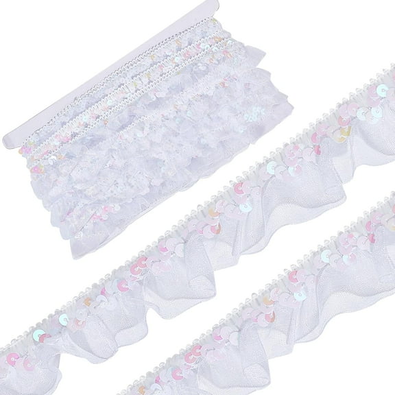 13 Yard 1.2 Inch Organza Lace Pleated Fabric Trims Sequin Elastic Edge Ribbon Gathered Mesh Stretch Ruffled Floral Fringe Applique for Sewing Gift Package Wrapping Dress Cloth Crafts White