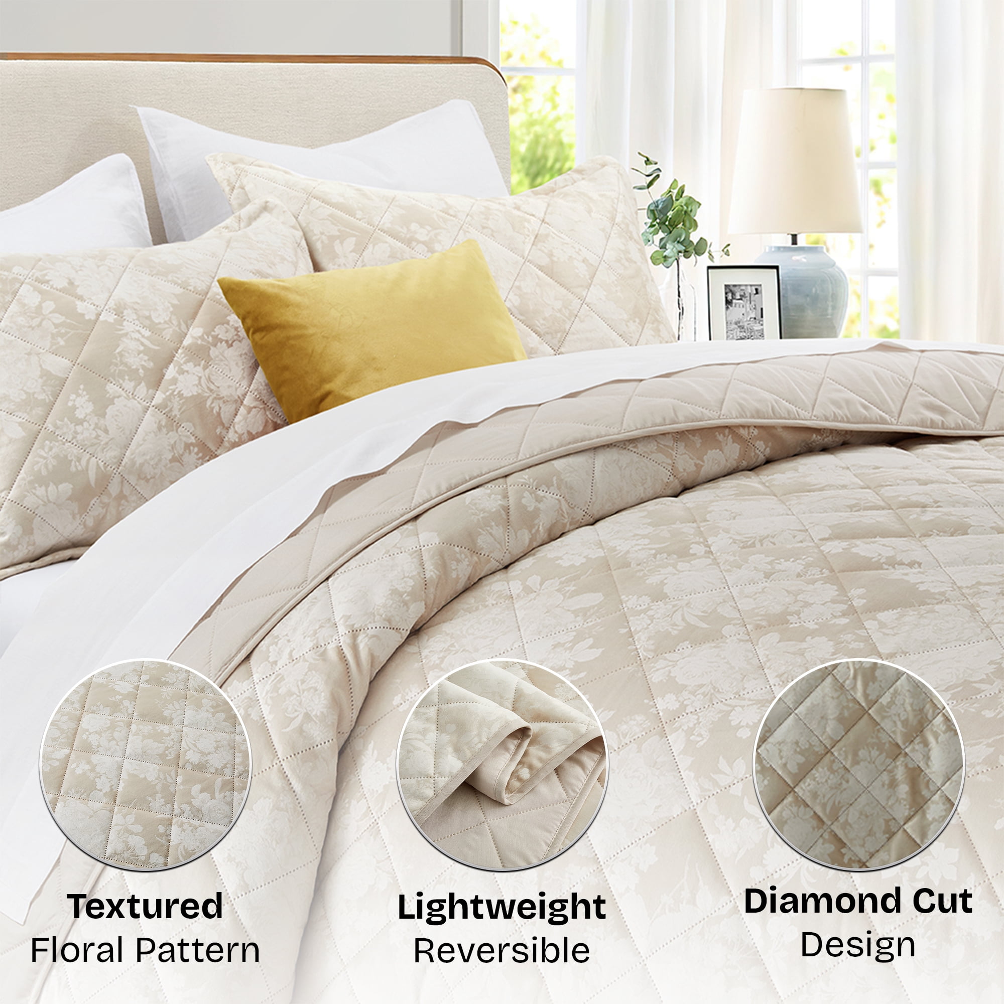 Ameha 3-Piece Velvet Quilt Set Floral Diamond Pattern Ultrasonic Embossed Bedspread Reversible Lightweight Microfiber Coverlet King Size Beige