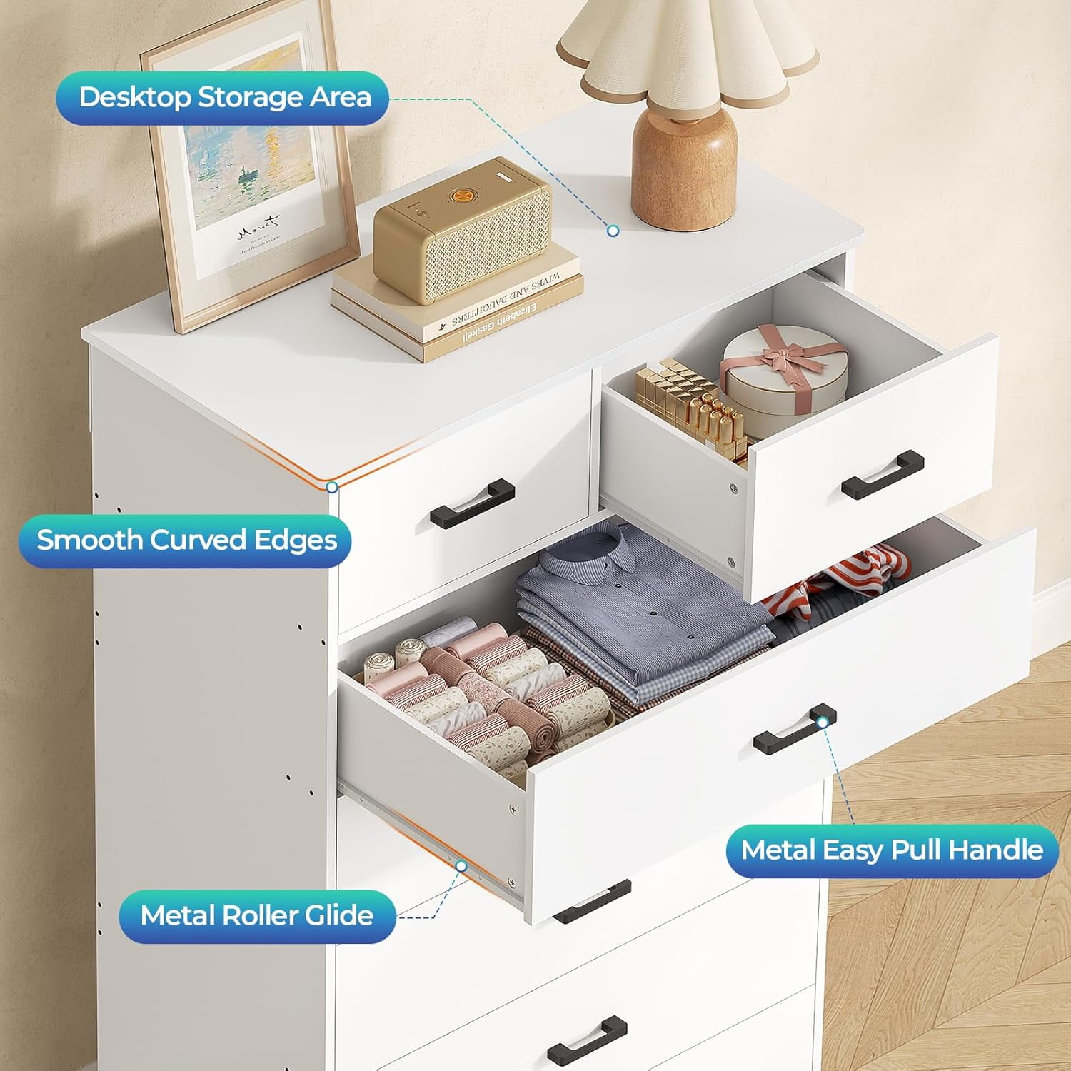 White 7 Drawers Dresser for Bedroom, Modern Chest of Drawers with Metal Handle, Vertical Dresser Storage Cabinets for Living Room Hallway