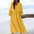thumbnail image 5 of Miluxas Women's Cotton Linen Wrap Dress Long Sleeve V-Neck Sundress Trendy Waist Tie Beach Vacation Solid Color Dress Yellow, 5 of 9