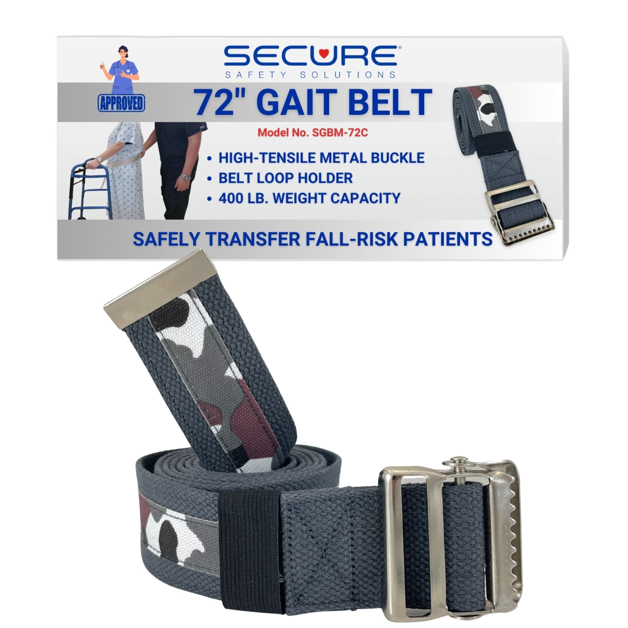 Secure Safety Solutions Transfer and Walking Gait Belt Camouflage Print 72 Inch, Metal Buckle - Medical Standing Assist Aid for Elderly Patients, Physical Therapy