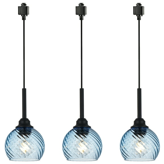 Melucee 3-Light H Track Lighting Pendants with Blue Water Ripple Glass Shade, H Track Lighting Heads Black Kitchen Pendant Light Fixtures