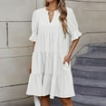 thumbnail image 2 of Linen Dress, Casual V Neck Short Sleeves Boho Dress With Ruffle Hem Beach Vacation Wedding Guest Short Dress Sheer Womens Summer Dresses Casual For Women Halter Dresses Outfits (M, White) ZMTing, 2 of 5